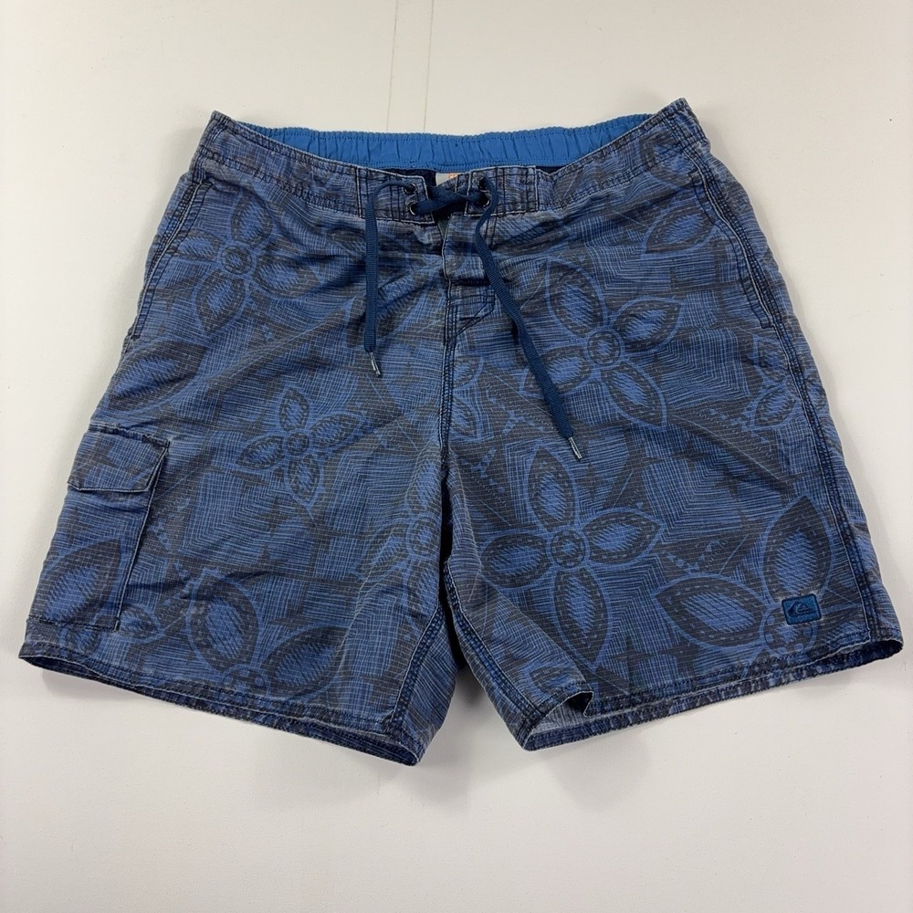 Vintage Quiksilver Shorts Mens Medium Blue Floral Hawaiian Swim Trunks Ripstop
